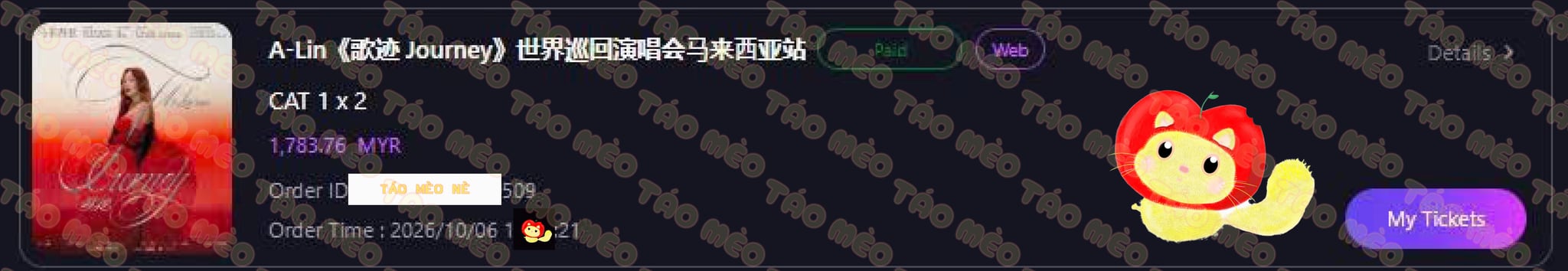Booking confirmation 1: A-Lin 黄丽玲《歌迹 Journey》World Tour in Kuala Lumpur