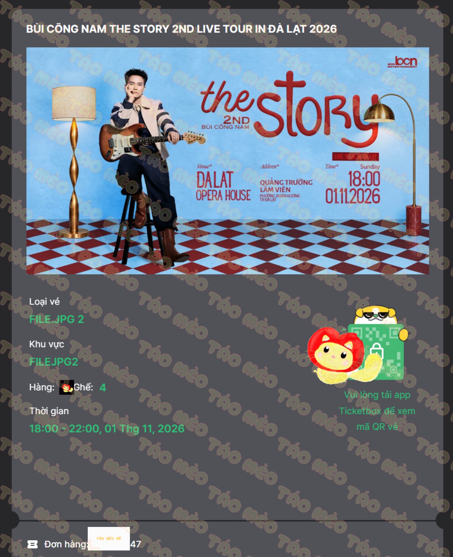 Booking confirmation 1: BÙI CÔNG NAM – THE STORY 2ND LIVE TOUR IN DA LAT