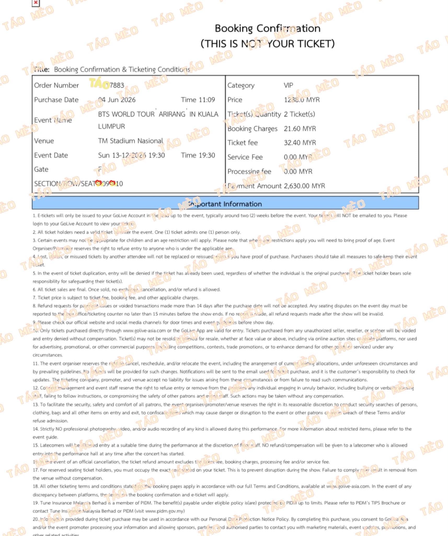 Booking confirmation 1: BTS ARIRANG WORLD TOUR in Kuala Lumpur