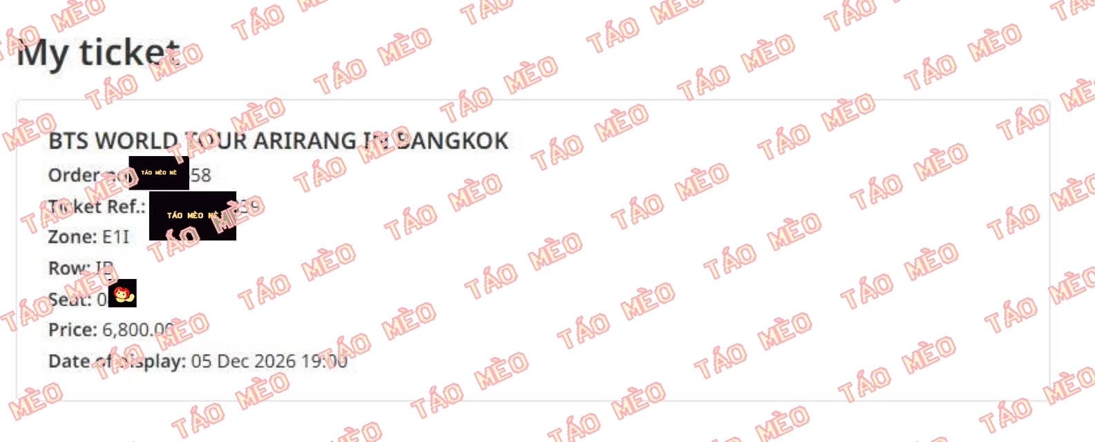 Booking confirmation 1: BTS WORLD TOUR ‘ARIRANG’ IN BANGKOK