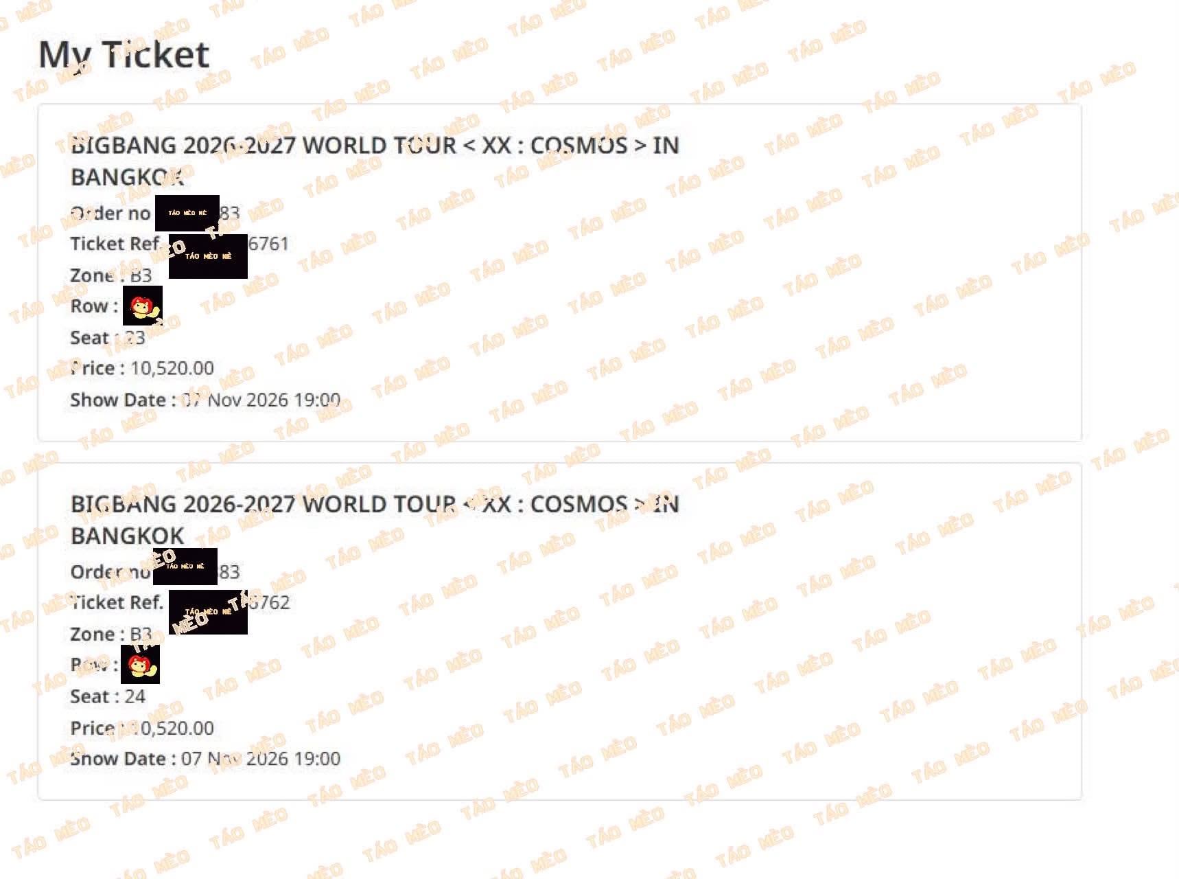 Booking confirmation 1: BIGBANG 2026-2027 WORLD TOUR < XX : COSMOS > IN BANGKOK